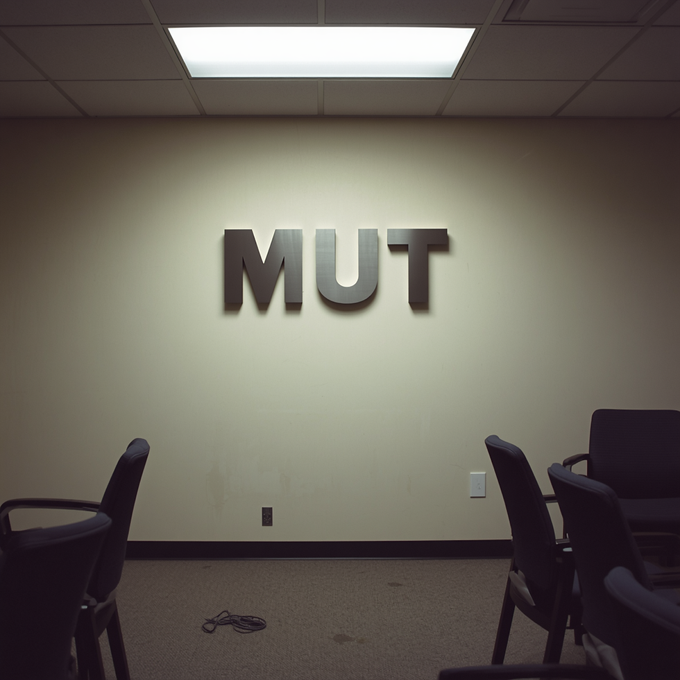 Leerer Besprechungsraum mit abgenutztem Teppich, kaltem Deckenlicht und dem groß angebrachten Wort „MUT“ an der Wand.