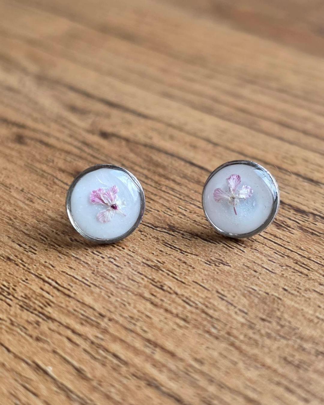 Silver Stud White and Pink Pressed Flower Earrings
