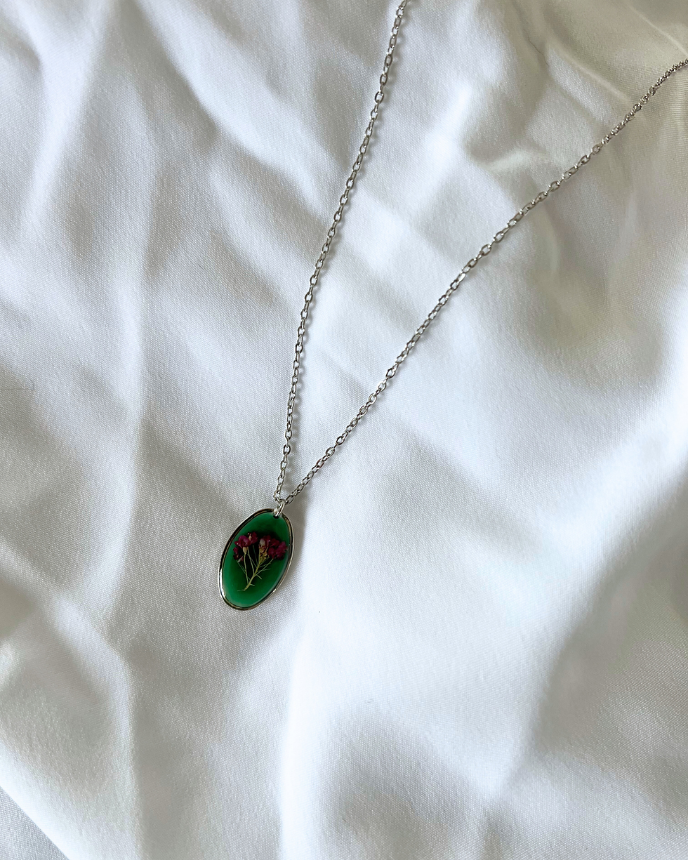 Thumbnail: Refined Silver Green and Pink Pressed Flower Necklace