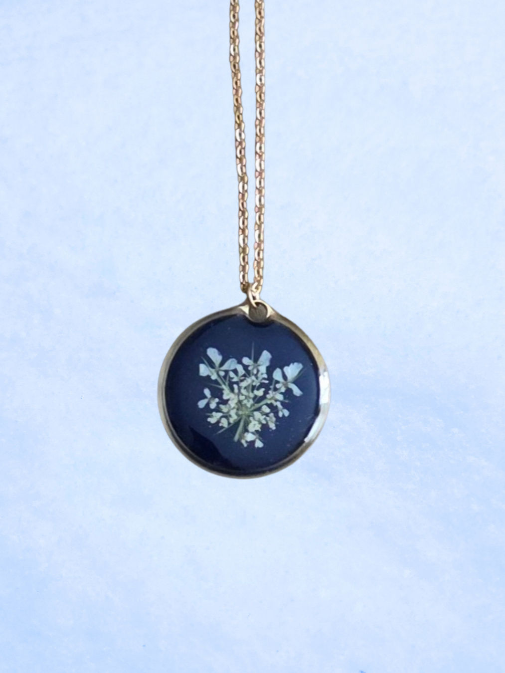 Crown Gold and Navy Pressed Flower Necklace