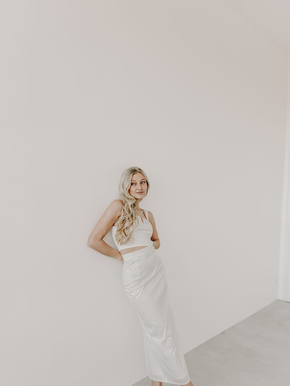 Two-piece bridal look consisting of top and skirt