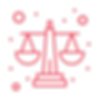 A red line-art scale of justice icon set against a dark blue background with stylized circular accents, representing ethical, transparent and reliable.