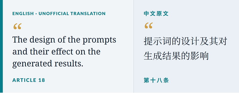 Article 18 quotation panel. English (unofficial translation): “The design of the prompts and their effect on the generated results.” Chinese original (第十八条): “提示词的设计及其对生成结果的影响”