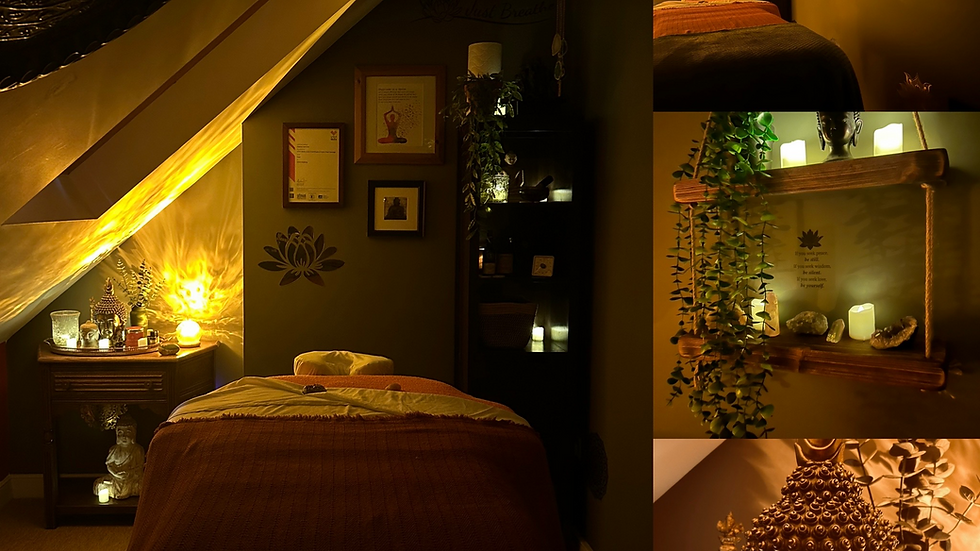 Cozy meditation room with massage table, candles, Buddha statues, and plants; warm amber light and a calm quote on the wall.
