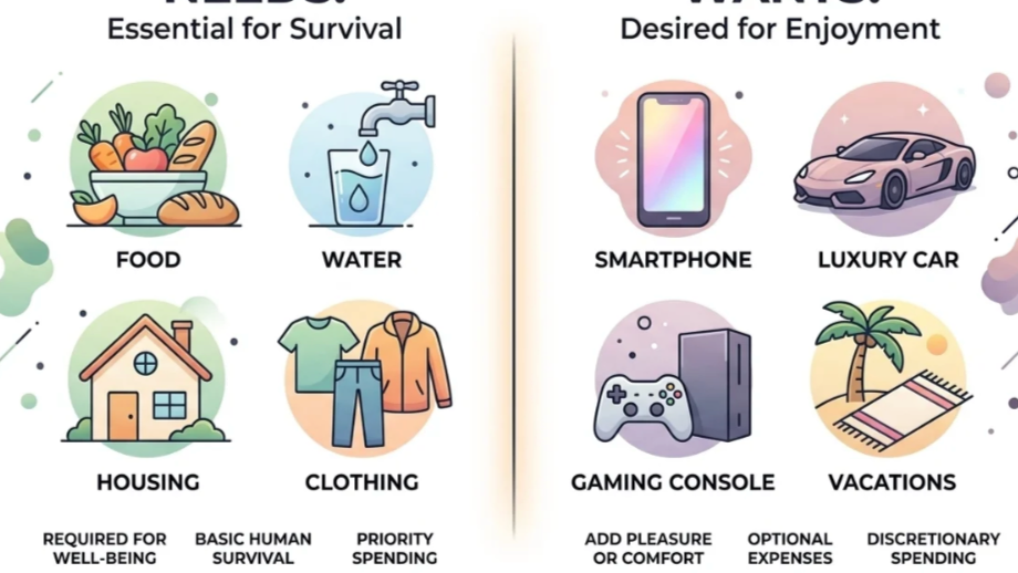 Infographic comparing essential survival needs and desired comforts: food, water, housing, clothing vs smartphone, car, gaming console, vacations