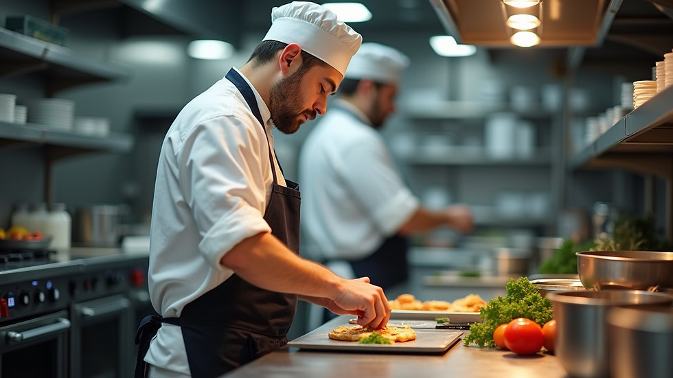 Close-up view of a student chef preparing food in a hotel kitchen