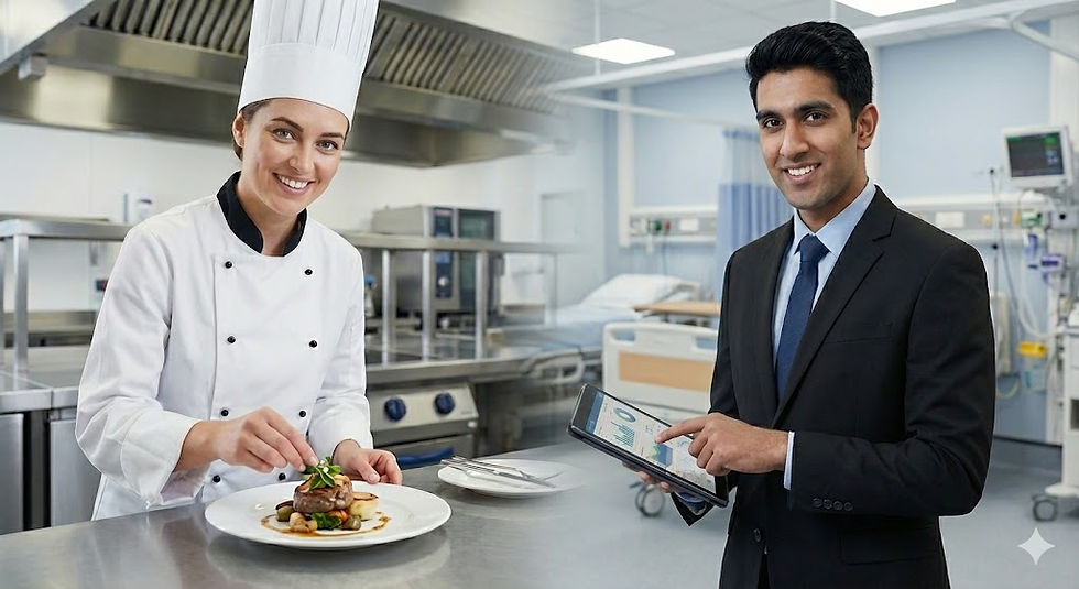 Female chef plating food in kitchen, businessman with tablet in hospital.
