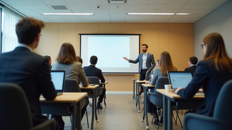 Eye-level view of a classroom setting with students engaged in a hospitality training session