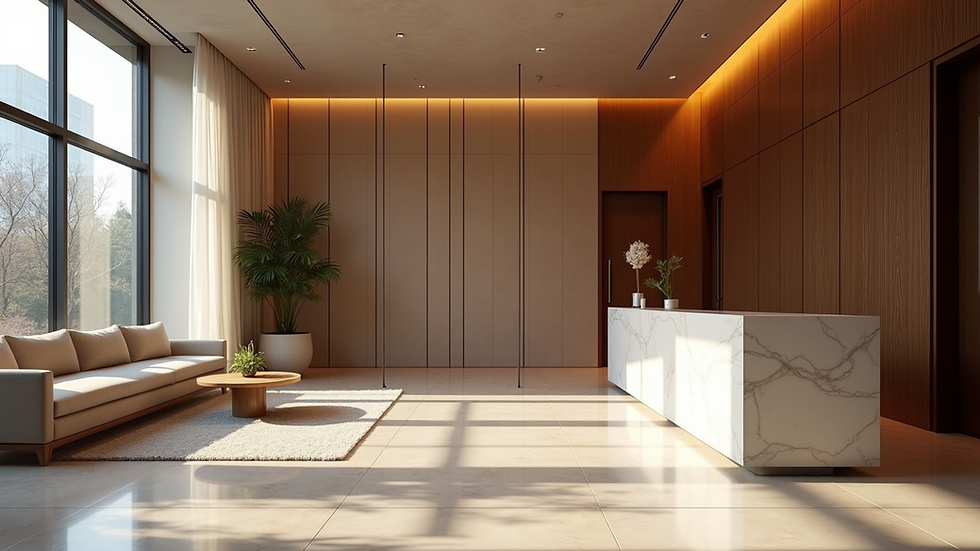 Eye-level view of a modern hotel lobby with reception desk and seating area
