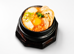 Small intestine soft tofu soup served hot in a stone bowl