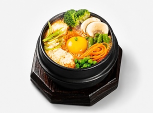 Vegetable soft tofu soup with carrots, corn, peas, and mushrooms