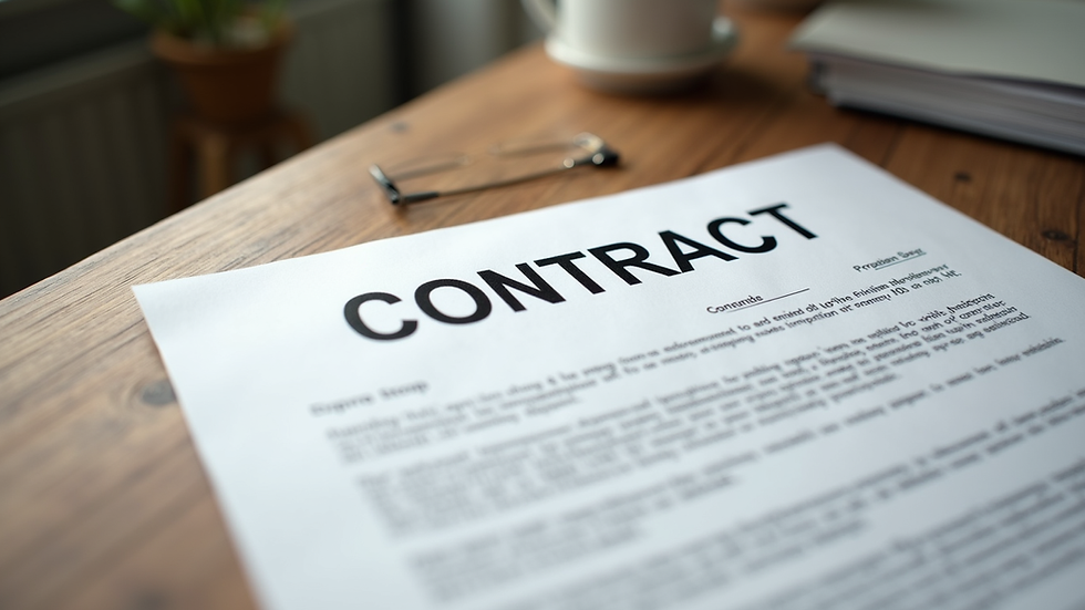 Close-up view of a contract document on a wooden desk