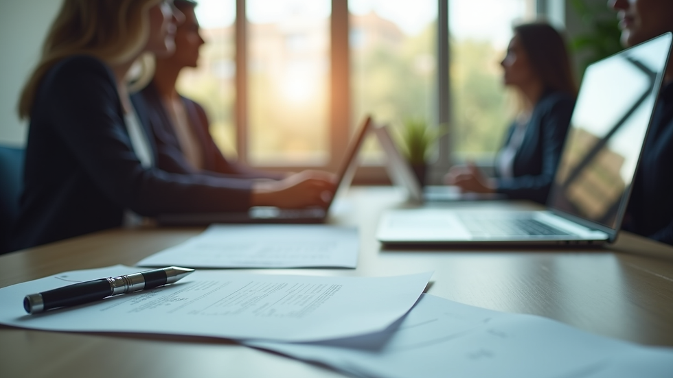 Eye-level view of a business meeting with documents and laptops on the table