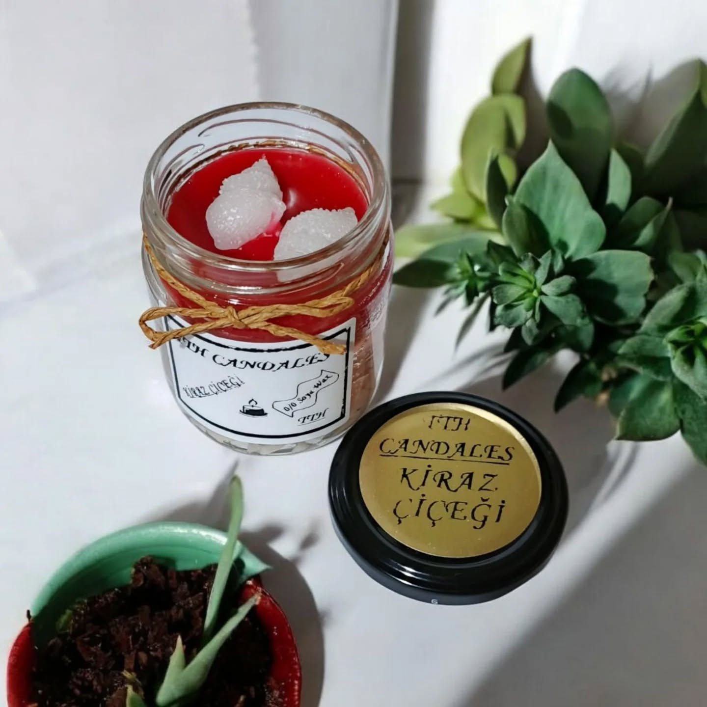 6 ADET. Cam Kavanoz Mum Kapaklı Kiraz Çiçeği 210ml