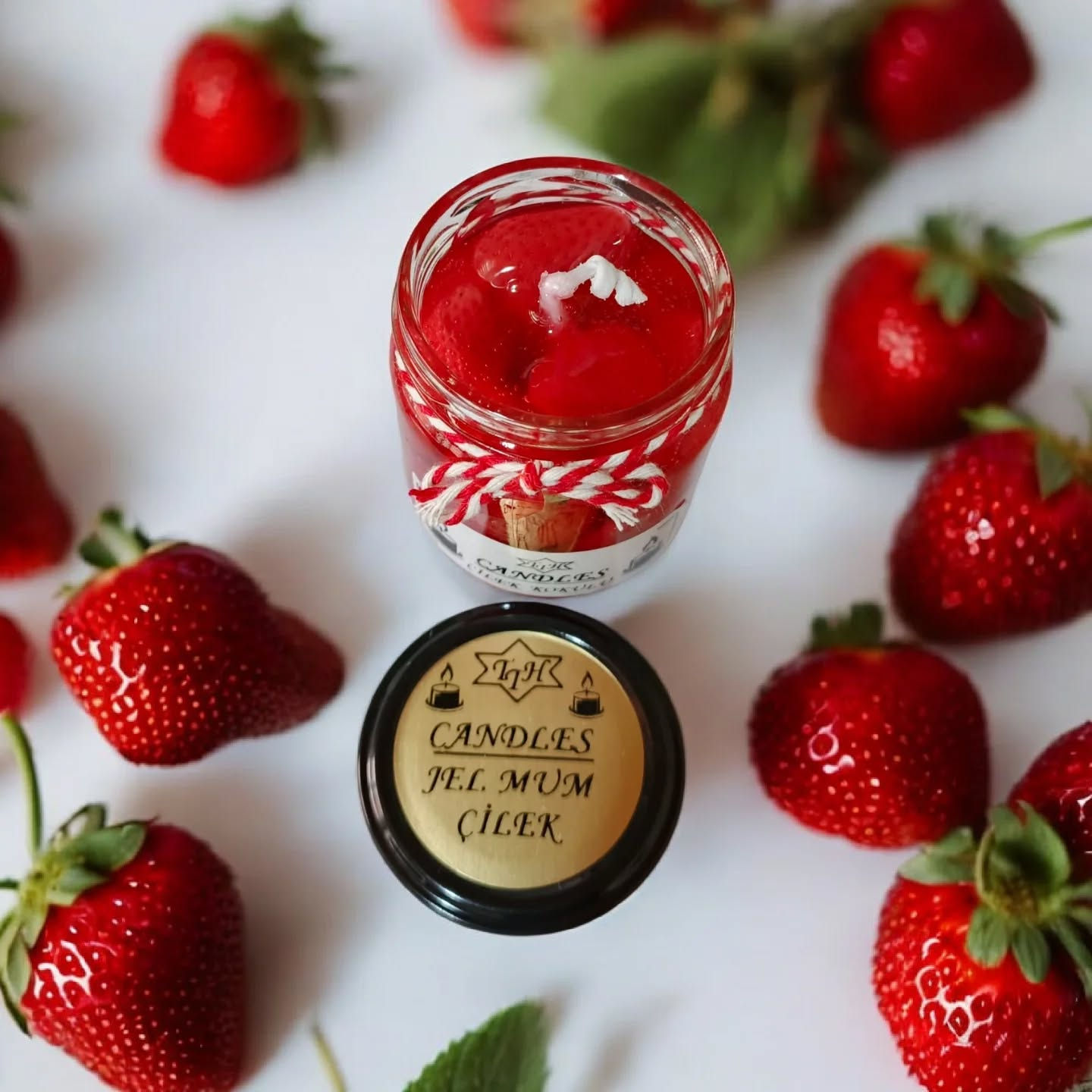 6 ADET. Cam Kavanoz Mum Kapaklı Çilek 210ml