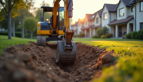 Yellow excavator digging a trench in front of residential property homes.