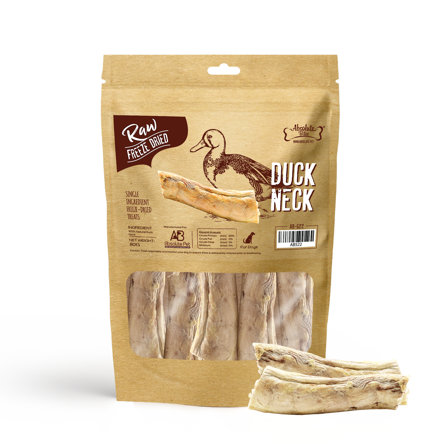 Absolute Bites Single Ingredient Freeze Dried Raw Treats  - Duck Neck (80g)