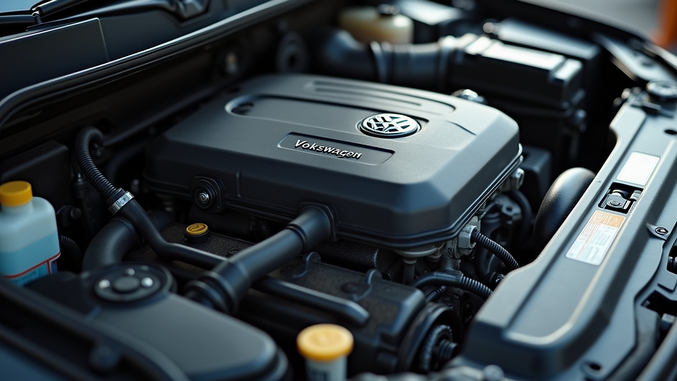 Close-up view of a Volkswagen engine with maintenance tools nearby