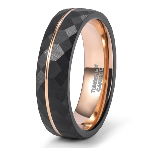Thumbnail: Hammered finish black and rose gold tungsten ring
