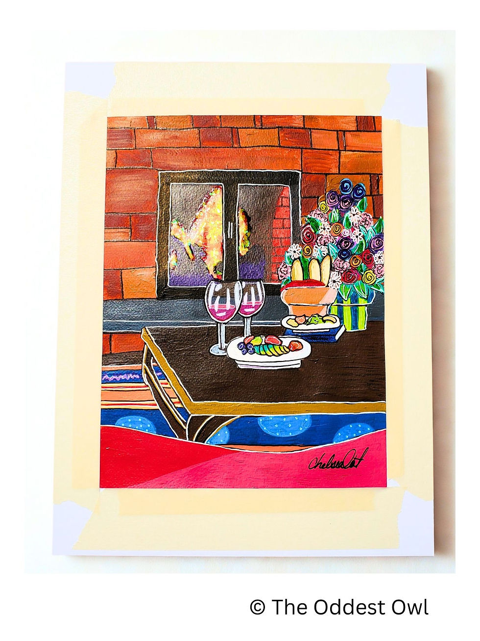 Thumbnail: Cozy fall-winter scene with couch facing iridescent fire, two wine glasses, food, and a big vase of flowers in rich primary c