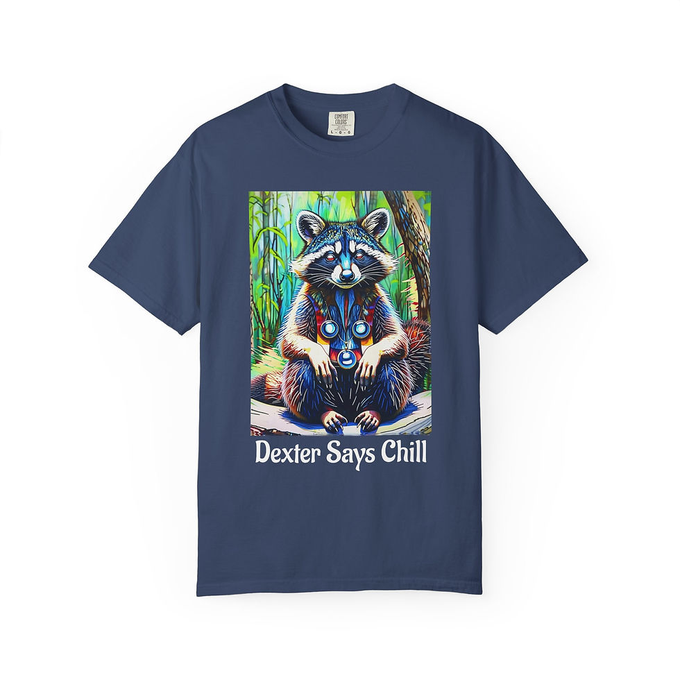 Thumbnail: Raccoon & Colorful Owl 'Chill' Funny Graphic T‑Shirt - Dexter says Chill Tee