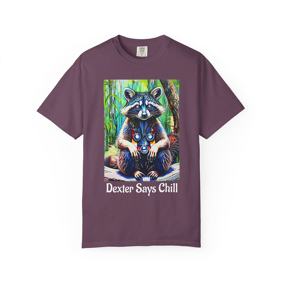 Thumbnail: Raccoon & Colorful Owl 'Chill' Funny Graphic T‑Shirt - Dexter says Chill Tee