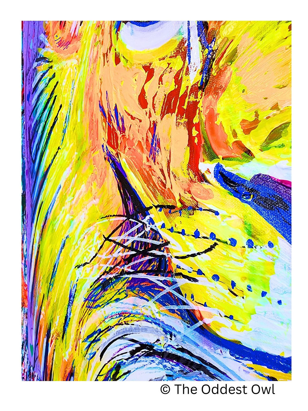 Thumbnail: Portrait of Cade, a bright yellow and neon lion painted with colorful UV pigments, set against a bright purple background wit
