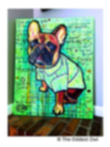 Devin portrait: French bulldog in a rainbow Hawaiian shirt with graffiti-style colors, neon green background with positive ph