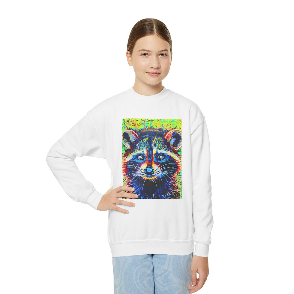 Thumbnail: Rainbow Raccoon Youth Crewneck Sweatshirt | The Oddest Owl Art Hoodie