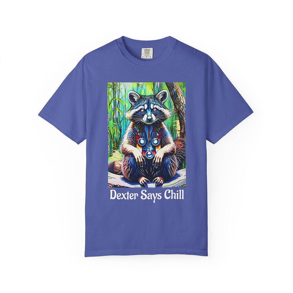 Thumbnail: Raccoon & Colorful Owl 'Chill' Funny Graphic T‑Shirt - Dexter says Chill Tee