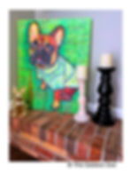 Thumbnail: Devin portrait: French bulldog in a rainbow Hawaiian shirt with graffiti-style colors, neon green background with positive ph