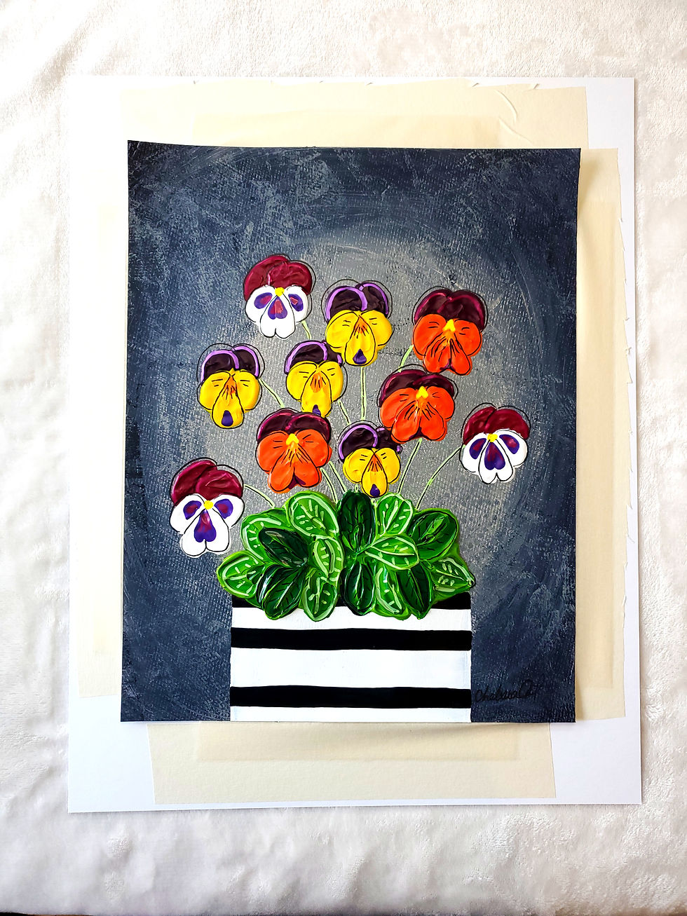 Thumbnail: Colorful pansies in bloom with thick textured leaves in a black-and-white flower pot, set against a charcoal background with