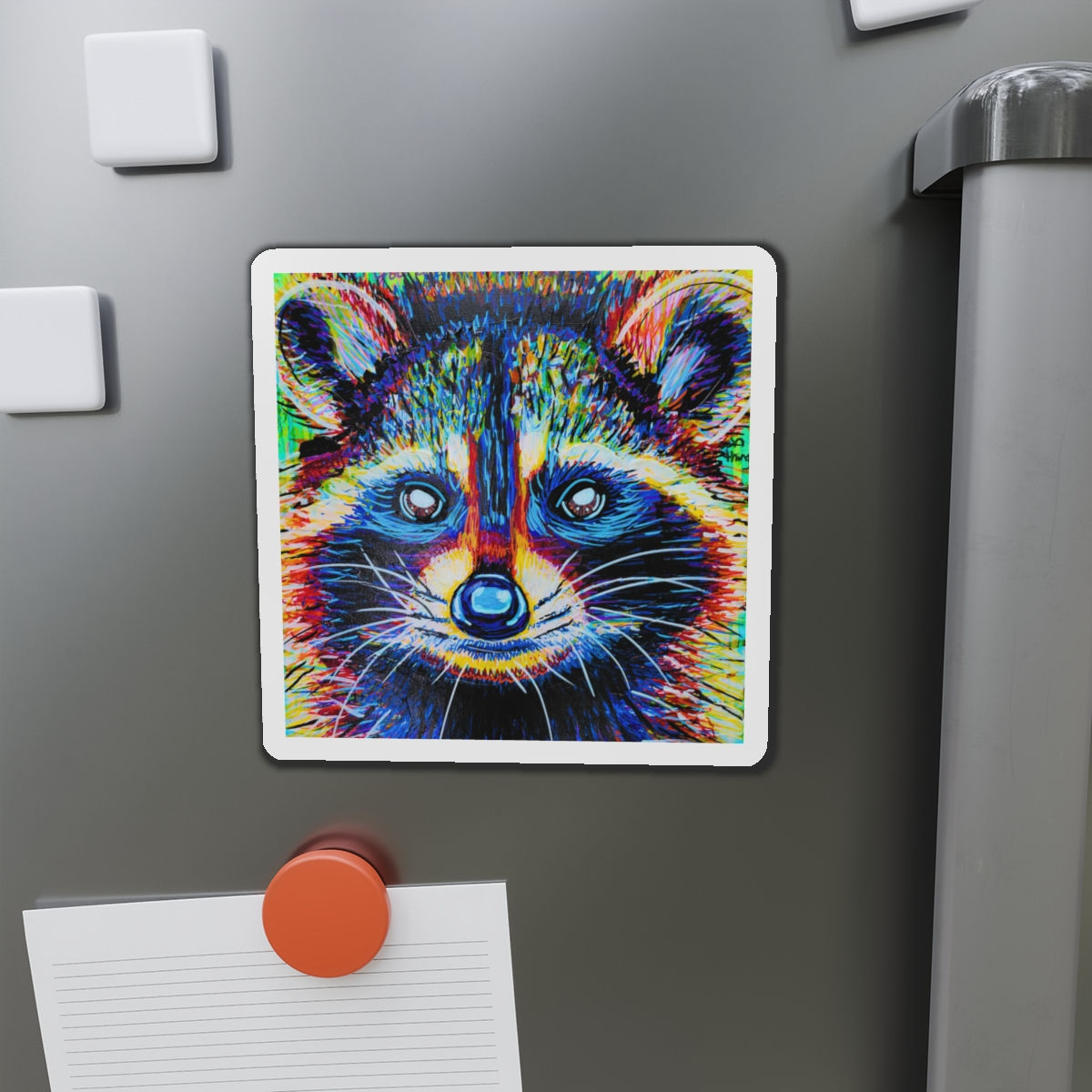 Colorful Raccoon Die-Cut Magnet — Vibrant Neon Animal Art Fridge Magnet