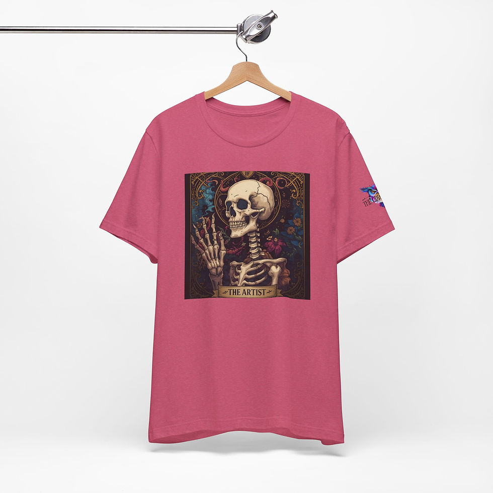 Thumbnail: Artist Skull - Artist Skeleton Tarot Card Graphic Tee - Colorful Owl T-Shirt