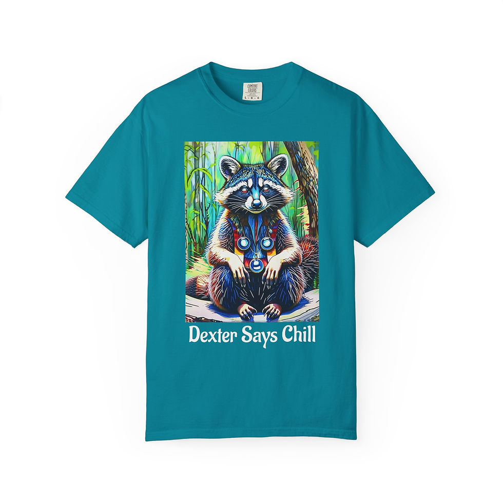 Thumbnail: Raccoon & Colorful Owl 'Chill' Funny Graphic T‑Shirt - Dexter says Chill Tee