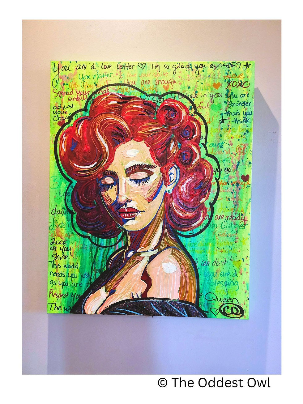 Thumbnail: Side profile of woman with red retro-glam hair, holographic black dress, rhinestone earring, neon green background with affir