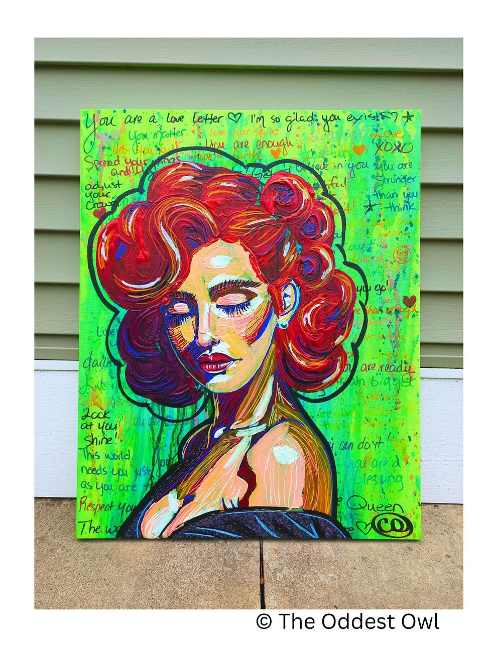 Thumbnail: Side profile of woman with red retro-glam hair, holographic black dress, rhinestone earring, neon green background with affir