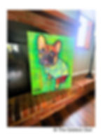 Thumbnail: Devin portrait: French bulldog in a rainbow Hawaiian shirt with graffiti-style colors, neon green background with positive ph