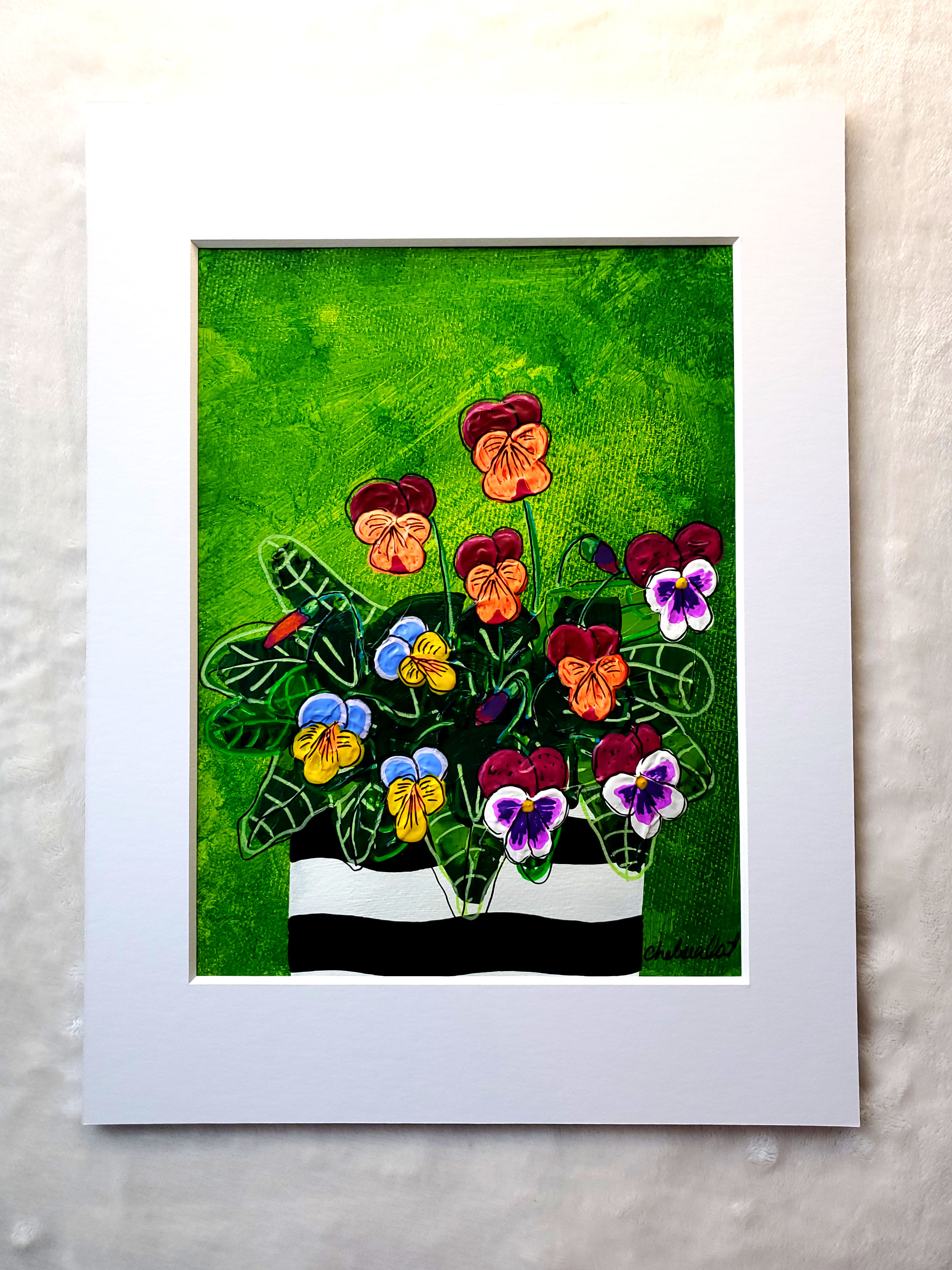 Colorful pansies in bloom with thick textured leaves in a black-and-white flower pot, set against a green background with dar