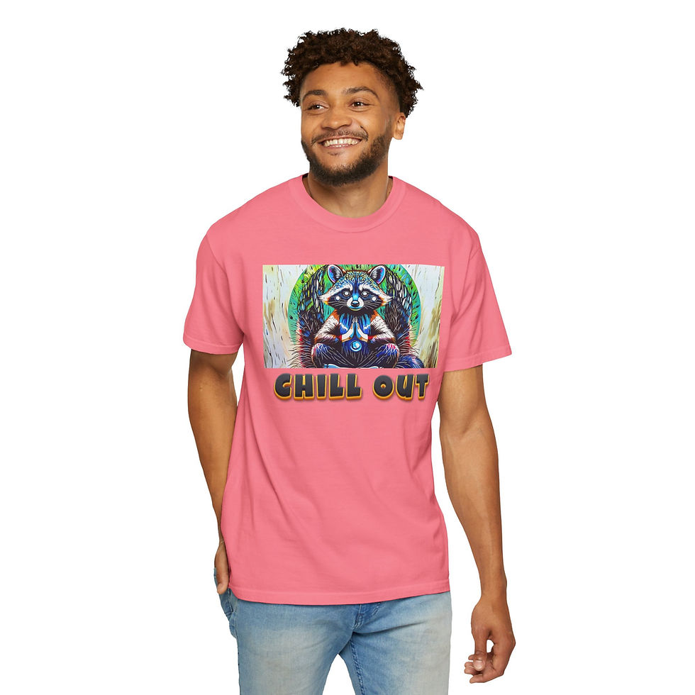 Thumbnail: Raccoon & Colorful Owl 'Chill Out' Funny Graphic T‑Shirt - Dexter says Chill Out