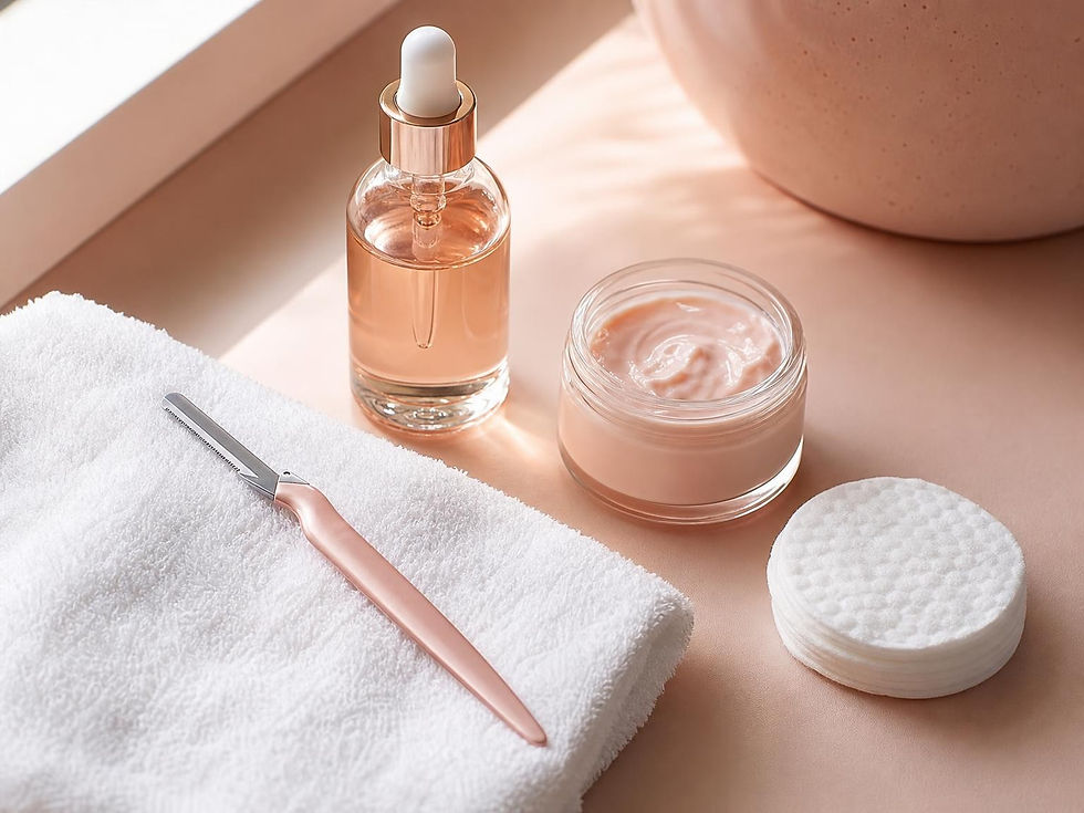 Dermaplaning tool, serum and cream on a white towel