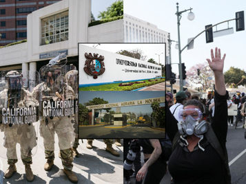 Estudiantes de San Marcos y Agraria aparecen en protestas en California con banderas de sus universidades