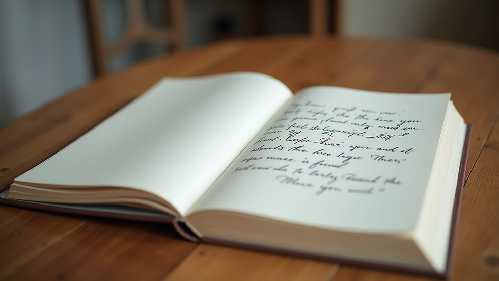 Close-up view of a handwritten wedding vow book on a wooden table