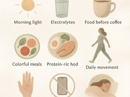 10 steps for trying to conceive Morning light Electrolytes Food before coffee Colorful meals Protein-rich food Finish eating 3 hrs before bed Daily movement Breathwork Limit screen time Early bedtime