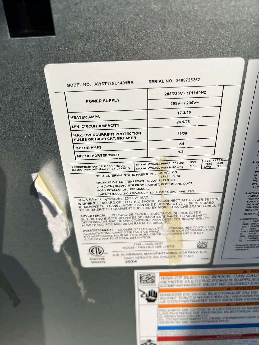 Thumbnail: Goodman AWST18SU1405 1.5 Ton Wall Mounted Air Handler with 5 kW Heat Kit