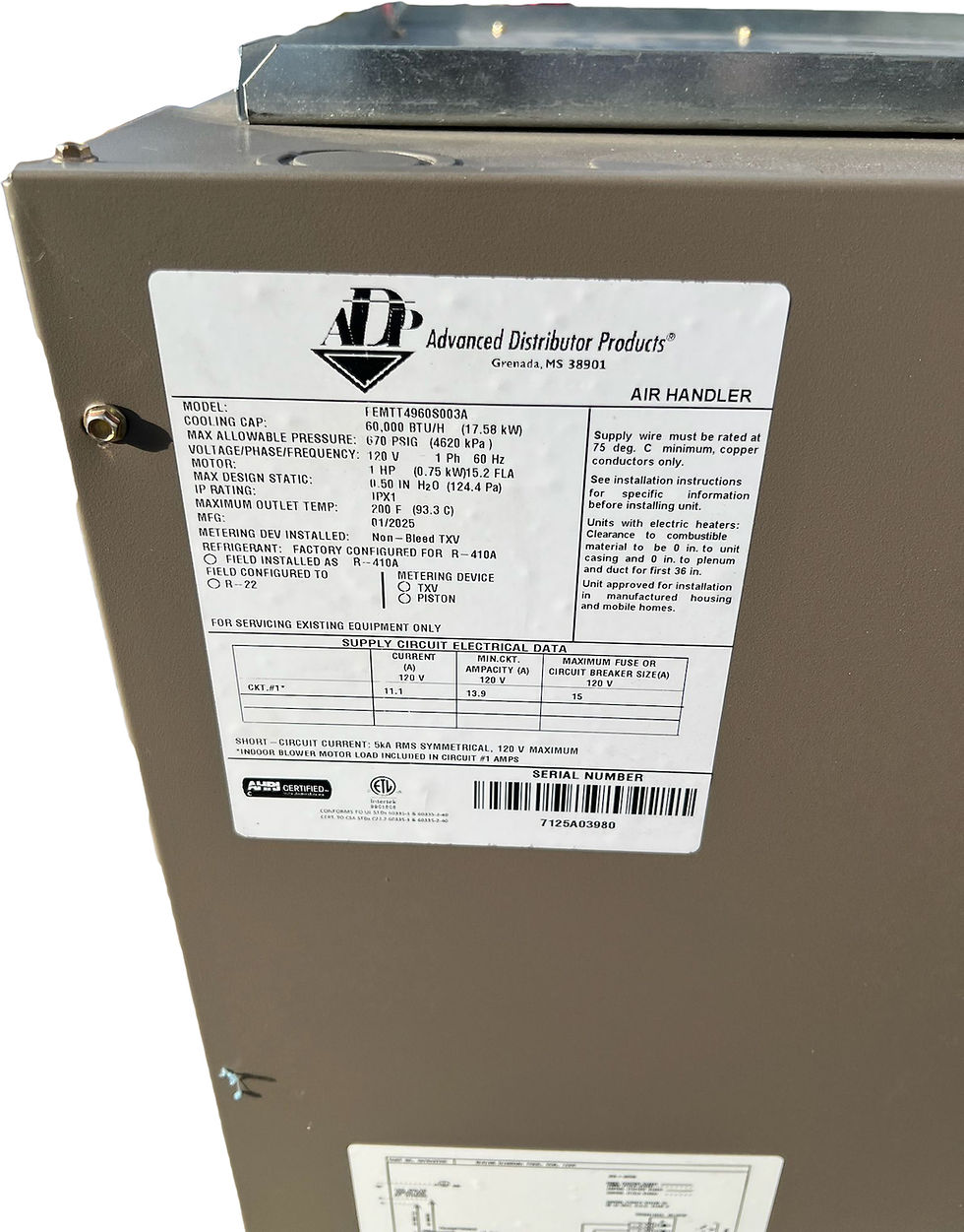 Thumbnail: ADP FEMTT4960S003A 5 Ton LowProfile Air Handler Multi-Position