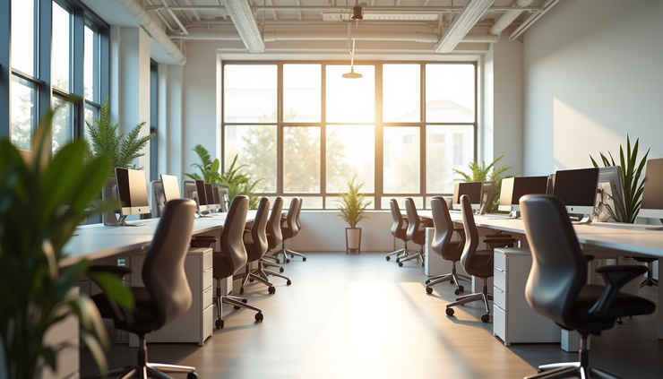 Eye-level view of a bright, organized workspace with desks and plants