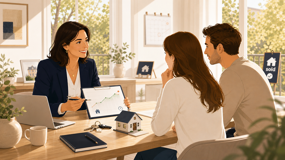 Illustration du juste prix immobilier avec une agent conseillant des vendeurs autour d’une estimation claire, pour vendre plus vite et attirer des acheteurs qualifiés.