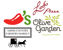 Logos for Ledo Pizza, Chili's, Olive Garden, and Amish Country Farmers Market