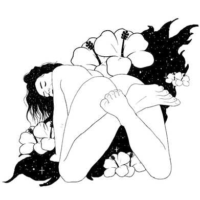 woman curled among flowers, expressing women’s right to personal pleasure as a vital part of well-being